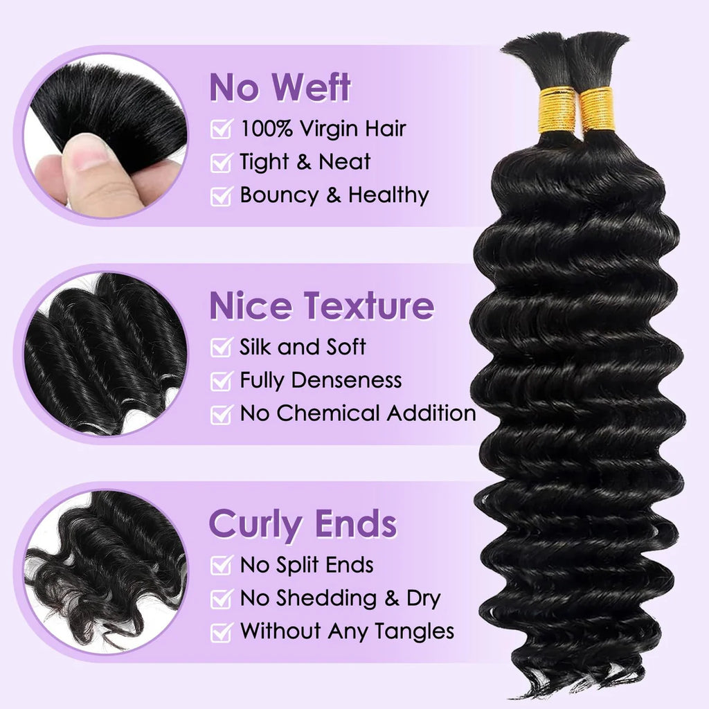 24”Deep Wave Bulk Hair For Braiding #1B Natural Black