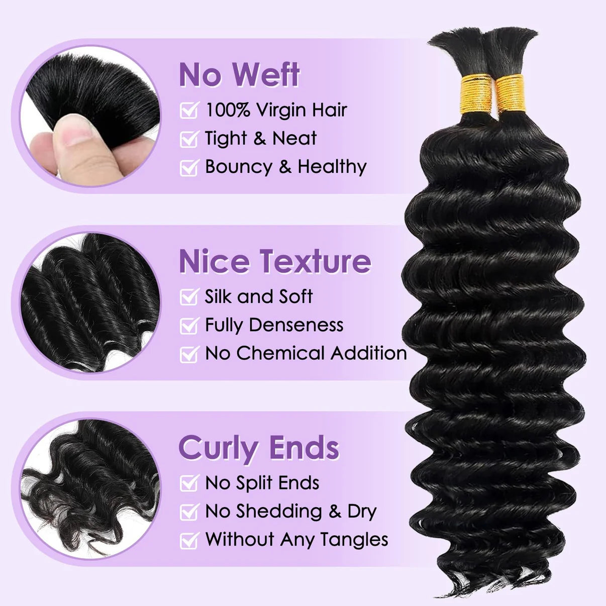 24”Deep Wave Bulk Hair For Braiding #1B Natural Black