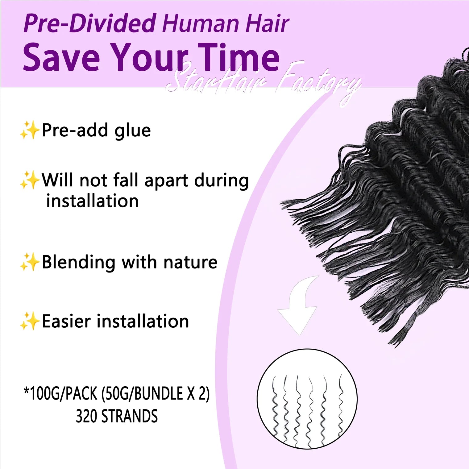 16-22 Inch Deep Wave Pre-divided Bulk Hair for Braiding #1B