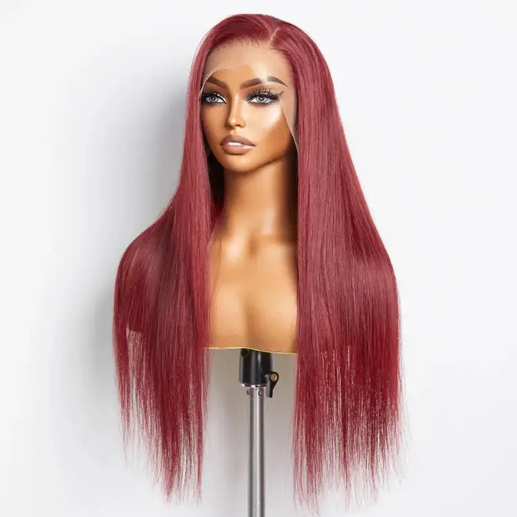 24”Inches Burgundy 13"x4" Lace Front Straight Wig Pre-Plucked Free Part 150% Density 100% Human Hair