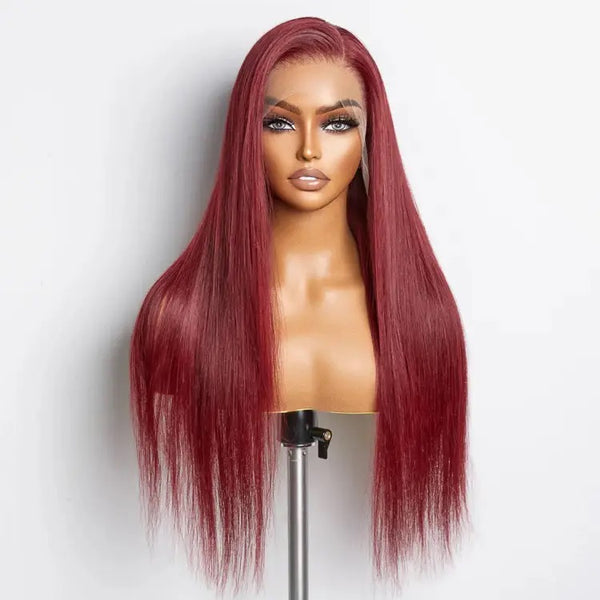 24”Inches Burgundy 13"x4" Lace Front Straight Wig Pre-Plucked Free Part 150% Density 100% Human Hair
