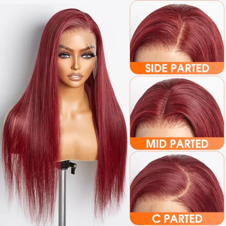 24”Inches Burgundy 13"x4" Lace Front Straight Wig Pre-Plucked Free Part 150% Density 100% Human Hair