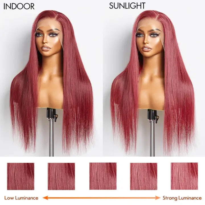 24”Inches Burgundy 13"x4" Lace Front Straight Wig Pre-Plucked Free Part 150% Density 100% Human Hair