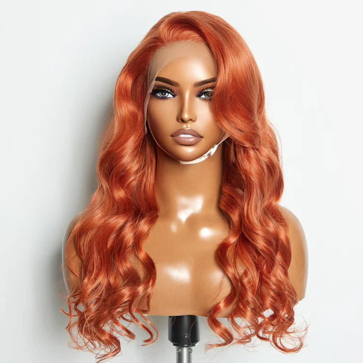 24" 150% Density 13x4 Pre-Plucked Free Part Lace Frontal Wig Body Wave 24 Inches Ginger Human Hair Transparent Lace Standard Medium Cap