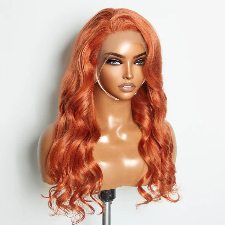 24" 150% Density 13x4 Pre-Plucked Free Part Lace Frontal Wig Body Wave 24 Inches Ginger Human Hair Transparent Lace Standard Medium Cap