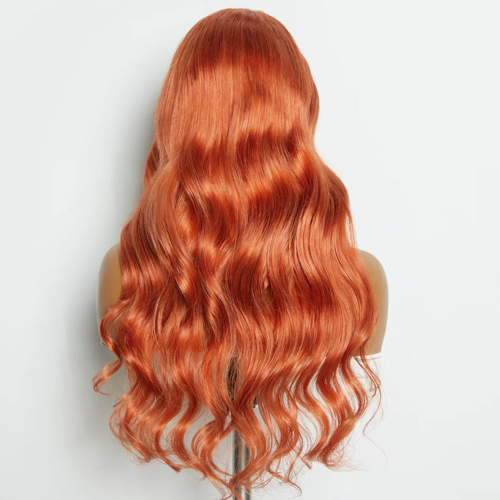24" 150% Density 13x4 Pre-Plucked Free Part Lace Frontal Wig Body Wave 24 Inches Ginger Human Hair Transparent Lace Standard Medium Cap